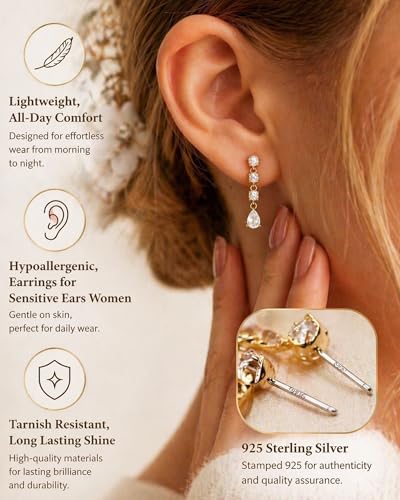 14K Gold Plated/Sterling Silver CZ Pearl Drop Dangle Earrings for Women - color: Gold-4 CZ