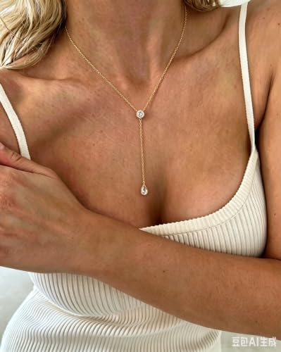 Lariat Necklace for Women CZ Y Shaped Necklaces Summer Birthday Jewelry Gifts - color: Gold Double Teardrop Drop
