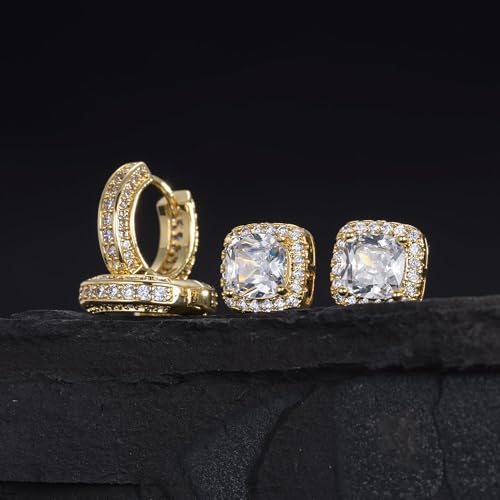 Earrings for Men 14K Gold Plated Hypoallergenic Mens Hoop Earrings | Cubic Zirconia Round/Square Stud with Huggie Hoop Earring Set,Mens Cartilage Studs for Sensitive Ear,Jewelry Gift for Him - color: Square Stud & Hoop - Gold