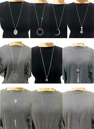 10Pcs Long Pendant Necklace Simple Moon Bar Three Triangle Tassel Lock Sweater Y Shape Punk Chain Choker Necklace for Women Men Gold Silver Plated - style: B:10Pcs Silver Tone