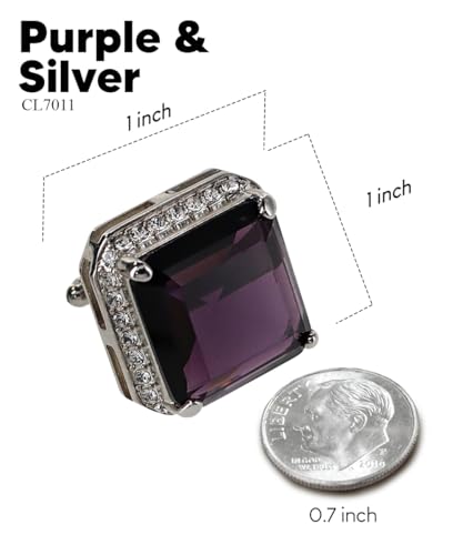 Large Big Square Crystal Color Stone Cuff Links for Men – Tuxedo Suit Accessories, Cufflinks for Men - style: Purple/Silver