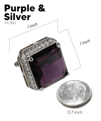 Large Big Square Crystal Color Stone Cuff Links for Men – Tuxedo Suit Accessories, Cufflinks for Men - style: Purple/Silver