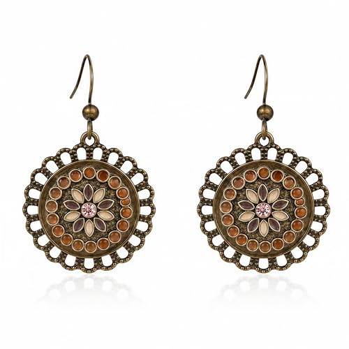 Boho Dangle Earrings for Women, Vintage Bohemian Geometric Round Hollow Drop Hoop Set, Retro Ethnic Tribal Beach Jewelry - color: Brown