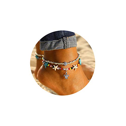 Softones Blue Starfish Turtle Anklet Multilayer Charm Beads Sea Handmade Boho Anklet Foot Jewelry for Women - style: A:Turtle 2