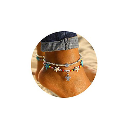 Softones Blue Starfish Turtle Anklet Multilayer Charm Beads Sea Handmade Boho Anklet Foot Jewelry for Women - style: A:Turtle 2