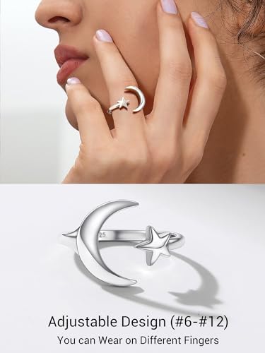 PROSILVER 925 Sterling Silver Adjustable Open Ring for Women, Solid Sterling Silver Stackable Ring, knuckle Finger Ring, Pinky Ring, Come with Box - style: 06 Moon and Star