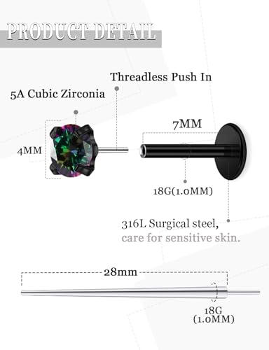 20G 18G 16G Threadless Nose Rings Studs Flat Back Earrings Surgical Stainless Steel CZ Nose Rings Stud Tragus Helix Conch Cartilage Earrings Stud Piercing Jewelry For Women Men Hypoallergenic - color: Black-Rainbow CZ, size: 18 Gauge-7mm Bar-4mm CZ