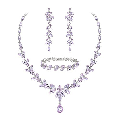 EVER FAITH Marquise Crystal Leaf Bridal Prom Jewelry Set for Women Bride | Rhinestone Wedding Party Necklace Dangle Earrings Tennis Bracelet, for Bridesmaid - color: Light Purple Silver-Plated-Base
