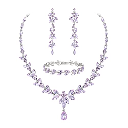 EVER FAITH Marquise Crystal Leaf Bridal Prom Jewelry Set for Women Bride | Rhinestone Wedding Party Necklace Dangle Earrings Tennis Bracelet, for Bridesmaid - color: Light Purple Silver-Plated-Base