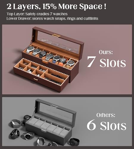 Watch Cases Box for Men 7 Slots Display Case with Jewelry Bottom | Watches Storage Organizer 2 Layer Pu Leather Collection Holder Gift for Dad Husband with Real Glass Lid Brown - size: 7 Slots, Brown