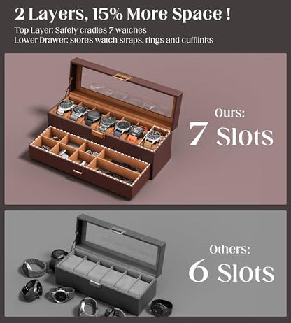 Watch Cases Box for Men 7 Slots Display Case with Jewelry Bottom | Watches Storage Organizer 2 Layer Pu Leather Collection Holder Gift for Dad Husband with Real Glass Lid Brown - size: 7 Slots, Brown