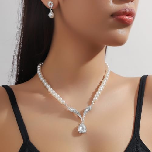 Pearl Necklace and Earring Set for Women,Pearl Jewelry Set Fake Pearls Necklace Imitation Beaded Collar de Perlas Para Mujer Necklaces for Prom Bridesmaid Costume Accessories - color: A-Silver