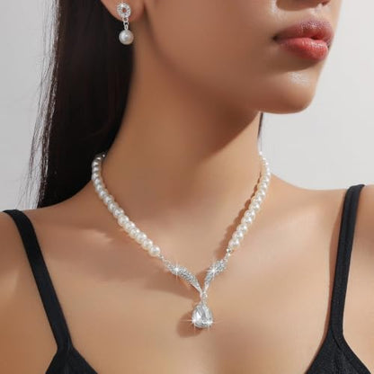 Pearl Necklace and Earring Set for Women,Pearl Jewelry Set Fake Pearls Necklace Imitation Beaded Collar de Perlas Para Mujer Necklaces for Prom Bridesmaid Costume Accessories - color: A-Silver