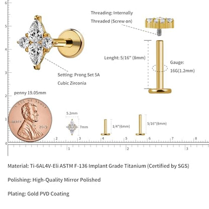 FINE4U 1PC ASTM F136 Titanium 16G Flatback Stud for Tragus, Helix, Conch 6mm 8mm - Screw on Cartilage Earring Piercing Jewelry - color: Four-Pointed Star B - Gold