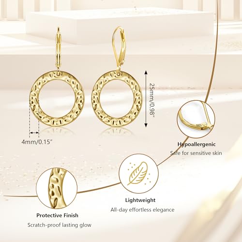 ALEXCRAFT Gold Hammered Double Circle Leverback Dangle Earrings | Hypoallergenic, Drop Handmade, Hammered Round, Minimalist Boho - color: C-14k Gold