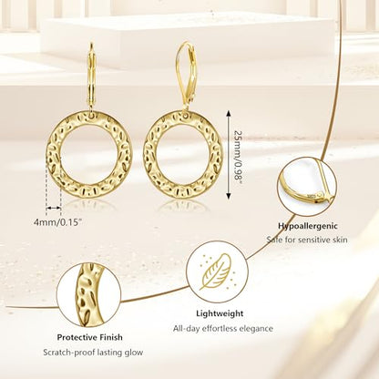 ALEXCRAFT Gold Hammered Double Circle Leverback Dangle Earrings | Hypoallergenic, Drop Handmade, Hammered Round, Minimalist Boho - color: C-14k Gold
