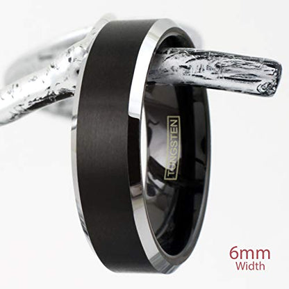 Classic Modern Minimalist 6mm/8mm Brushed Satin Finish Black Tungsten Carbide Band Ring w/Brilliant Polished Silver Beveled Edges feat. Comfort Fit Inner Band.