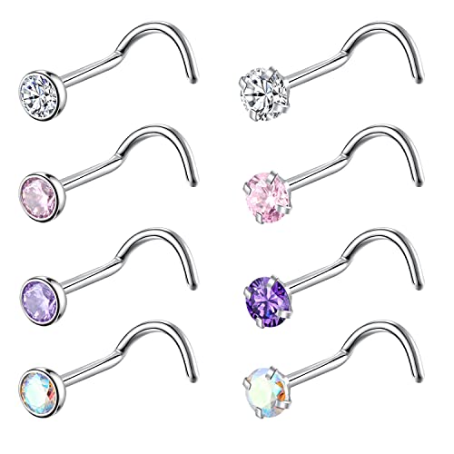 8PCS G23 Titanium Twist Screw Nose Studs 18G 20G Nose Rings 2mm 2.5mm 3mm Clear Pink Purple Aurora CZ Gold Nose Piercing Studs Nostril for Women Men - style: 20g silver mix-color cz 3mm