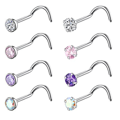 8PCS G23 Titanium Twist Screw Nose Studs 18G 20G Nose Rings 2mm 2.5mm 3mm Clear Pink Purple Aurora CZ Gold Nose Piercing Studs Nostril for Women Men - style: 20g silver mix-color cz 3mm