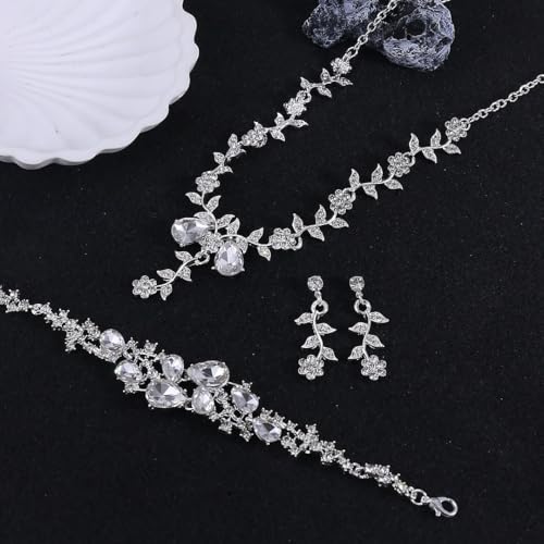 CSIYANJRY99 Silver Prom Jewelry Set Gold Wedding Jewelry Sets for Brides Necklace and Earring Bracelet Rhinestone Prom Party Costume Accessorie - color: A-Silver