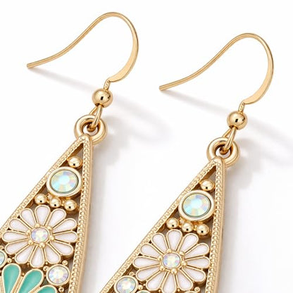 Bohemian Crystal Teardrop Dangle Earrings, Copper, Tribal Geometric Design, Handmade National Style for Women - color: Emerald green