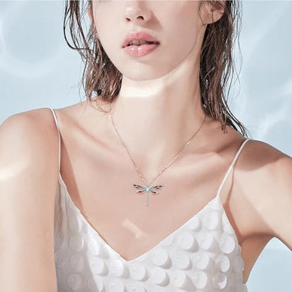 Dragonfly Necklace 925 Sterling Silver Moonstone Necklace Rainbow Stone Dragonfly Jewelry Christmas Birthday Gifts for Women Mom Her - style: Light Orange