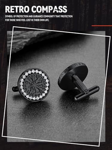 FaithHeart Mens Cufflinks, Norse Viking Tuxedo Shirt Cuff Links, Stainless Steel Cuff Links and Shirt Studs, Gift Box - style: 01. Compass CZ-Black