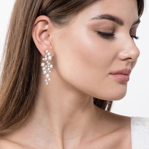 Crysdue Simulated Pearl Earrings for Women, Dainty Silver/Gold/Rose Gold Plated Cubic Zirconia Drop Dangle Earrings Wedding Jewelry for Bride Bridesmaid - style: G_CZ+pearl, rose gold