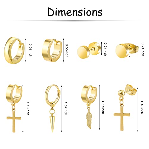 12 Pairs Black Stud Earrings Set for Men and Women - Stainless Steel Cross Jewelry Piercings - color: Gold
