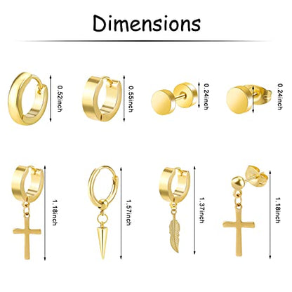 12 Pairs Black Stud Earrings Set for Men and Women - Stainless Steel Cross Jewelry Piercings - color: Gold