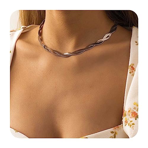 Gold Snake Chain Necklace Double Layer Twist Herringbone Choker Necklace Flat Herringbone Chain Necklace Layered Knot Snake Chain Collar Necklace Jewelry for Women Girls - color: Silver