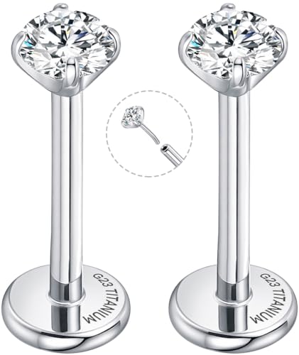 Threadless Flat Back Earrings for Tragus, Helix, Conch, Daith, Cartilage Piercings - G23 Titanium Flatback Stud Earrings with Grade AAAAA Cubic Zirconia - Threadless Flat Back Nose Stud Push Pin Ring Earring Studs (18g, 16g, 20g - 6mm, 8mm) - color: Silve