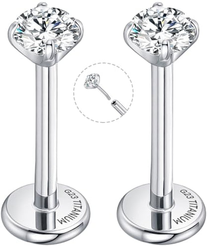 Threadless Flat Back Earrings for Tragus, Helix, Conch, Daith, Cartilage Piercings - G23 Titanium Flatback Stud Earrings with Grade AAAAA Cubic Zirconia - Threadless Flat Back Nose Stud Push Pin Ring Earring Studs (18g, 16g, 20g - 6mm, 8mm) - color: Silve