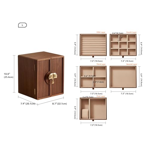Wooden Jewelry Box, 5 Layer, Black Walnut, 7.9x8.7x10.0in | Large Jewelry Organizer for Women, Brass Handle, For Necklaces Rings Earrings Watches Storage, Gift for Her - size: 5 Layer(7.9"D x 8.7"W x 10"H)