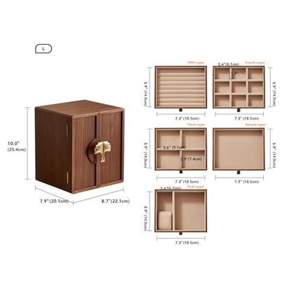 Wooden Jewelry Box, 5 Layer, Black Walnut, 7.9x8.7x10.0in | Large Jewelry Organizer for Women, Brass Handle, For Necklaces Rings Earrings Watches Storage, Gift for Her - size: 5 Layer(7.9"D x 8.7"W x 10"H)