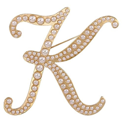 A-Z Initial 26 Letter Brooch Pins, Gold Faux Pearl Alphabet Badges Breastpin for Hat Bag Dress Coat Suit Accessory, Elegant Name Personalized Gifts for Women Men - color: K