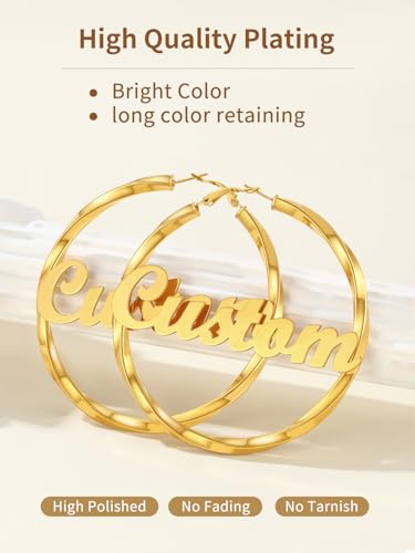 FindChic Twisted Hoop Earrings for Women, Silver/Black/14K Gold Plated Hypoallergenic Hollow Tube Rounded Loop Earrings, 30mm/40mm/60mm/80mm Hoops with Custom Name Options and Gift Box - color: f.Gold (Custom Name), size: 80MM