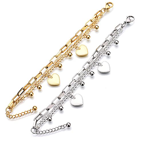 kelistom 316L Stainless Steel Love Heart Charm Bracelet for Women Romantic Gift Silver/Rose/18k Gold Plated OT Clasp Bracelets - color: 2-heart gold