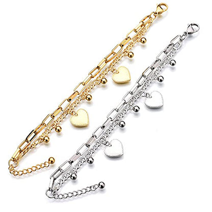 kelistom 316L Stainless Steel Love Heart Charm Bracelet for Women Romantic Gift Silver/Rose/18k Gold Plated OT Clasp Bracelets - color: 2-heart gold