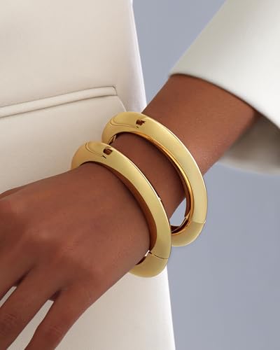 2pcs Gold Bangle Bracelets for Women, Trendy Hinged Cuff Open Wide Chunky Gold Bracelet Stack Arm Cuff Jewelry for Women - color: B-Gold Bangle