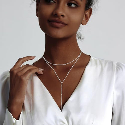 LULII Lariat Gold Necklace for Women Trendy Dainty 14k Gold Plated/Silver Layered Chain Drop Necklaces Y-Shaped Necklace Jewelry for Women Gifts - color: Y Layered necklace-Silver