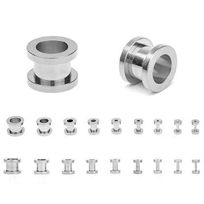 18PCS Ear Tunnels Kit Stainless Steel Screw Fit 14G-00G Gauges Plugs Set Double Flared Stretcher Expander Body Piercing Jewelry - color: Silvertone