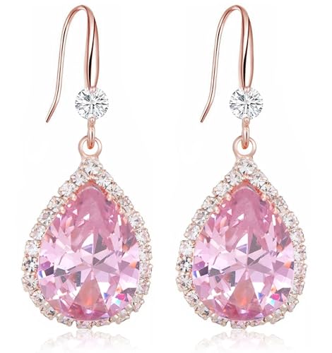 Crystal Drop Earrings for Women Cubic Zirconia Teardrop Earrings Sparkling Rhinestone Dangle Earring - color: Gold Pink
