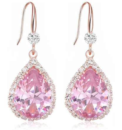 Crystal Drop Earrings for Women Cubic Zirconia Teardrop Earrings Sparkling Rhinestone Dangle Earring - color: Gold Pink