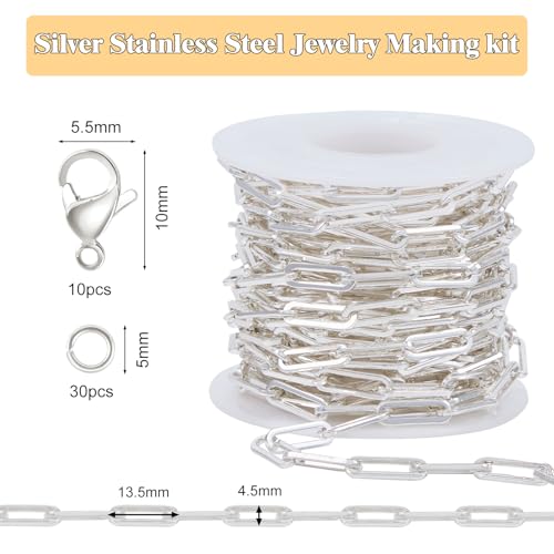 GTVOODX Silver Plated Chunky Paperclip Chain Roll for Women Jewelry Making | 4 Meters Stainless Steel Handmade Paper Clip Chains Spool Bulk for Bracelet Necklace Crafts with Lobster Clasps Jump Rings - color: Silver Thick Paperclip Chains