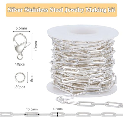 GTVOODX Silver Plated Chunky Paperclip Chain Roll for Women Jewelry Making | 4 Meters Stainless Steel Handmade Paper Clip Chains Spool Bulk for Bracelet Necklace Crafts with Lobster Clasps Jump Rings - color: Silver Thick Paperclip Chains