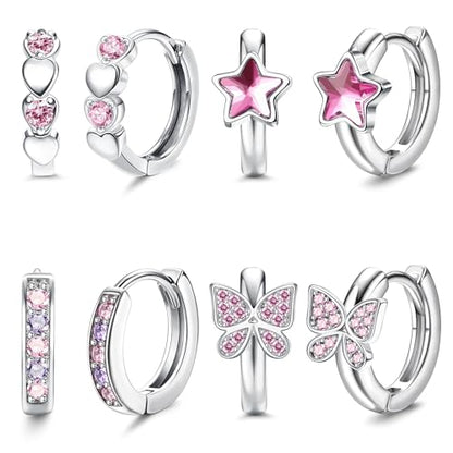 YADOCA Hypoallergenic Hoop Earrings For Girls Women Kids Toddler Earrings | Cute Small Huggie Hoop Earring Set Colorful Blue Pink CZ Cartilage Earring 10mm 4 Pairs Butterfly Star Wear While Sleeping - color: Pink