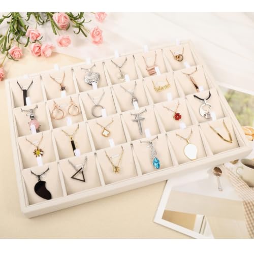 24 Grid Stackable Jewelry Tray Organizer with Removable Divider Velvet Tray | Jewelry Display Tray for Earrings Necklaces Bracelet Rings Display Showcase - Light Khaki - color: Light Khaki