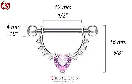 Forbidden Body Jewelry Pair of Surgical Steel 1/2 Inch (12mm) D-Ring Style CZ Heart Dangle Nipple Barbells - color: Clear/Pink