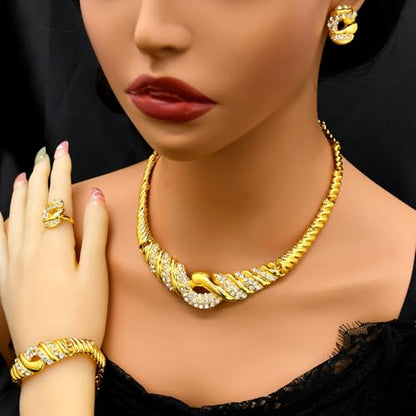 Fashion Crystal Jewelry Set For Women 18 K Gold Plated Jewelry Wedding Bride Dubai Gold Necklace Earrings Bracelet Ring 4 Pieces Set - color: S-708